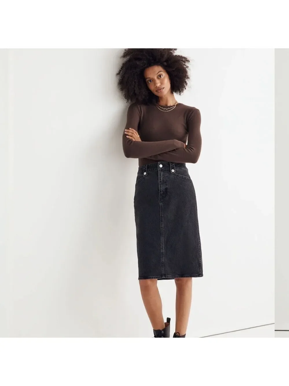 Madewell Denim High-Waisted Straight Charcoal Midi Skirt Workwear edition 30